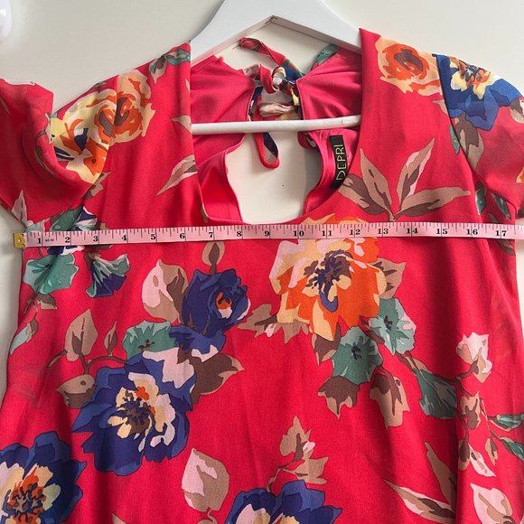 DEPRI Womens Red Floral Blouse Long Studded Cuff Sleeves Keyhole Tie Back - Picture 7 of 12